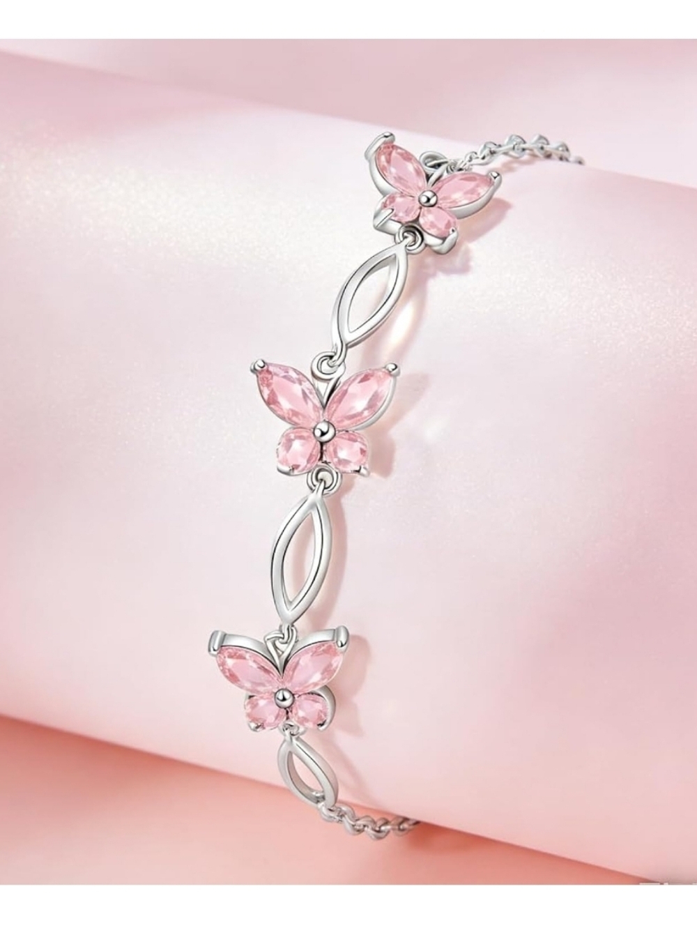 Pink Butterfly Crystal Silver Bracelet - Women Jewelry